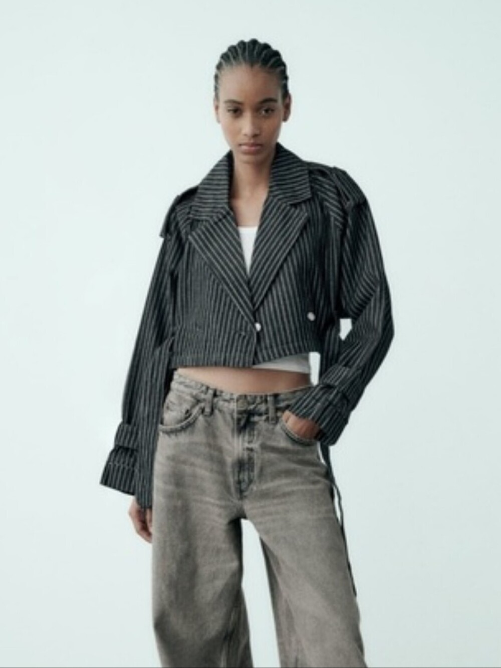 Zara Black 100% Cotton Pinstripe Cropped Trench Jacket/Coat_S